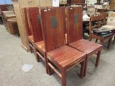 SET OF SIX HEAVY MODERN DINING CHAIRS WITH INLAID DECORATION TO BACK, HEIGHT APPROX 112CM