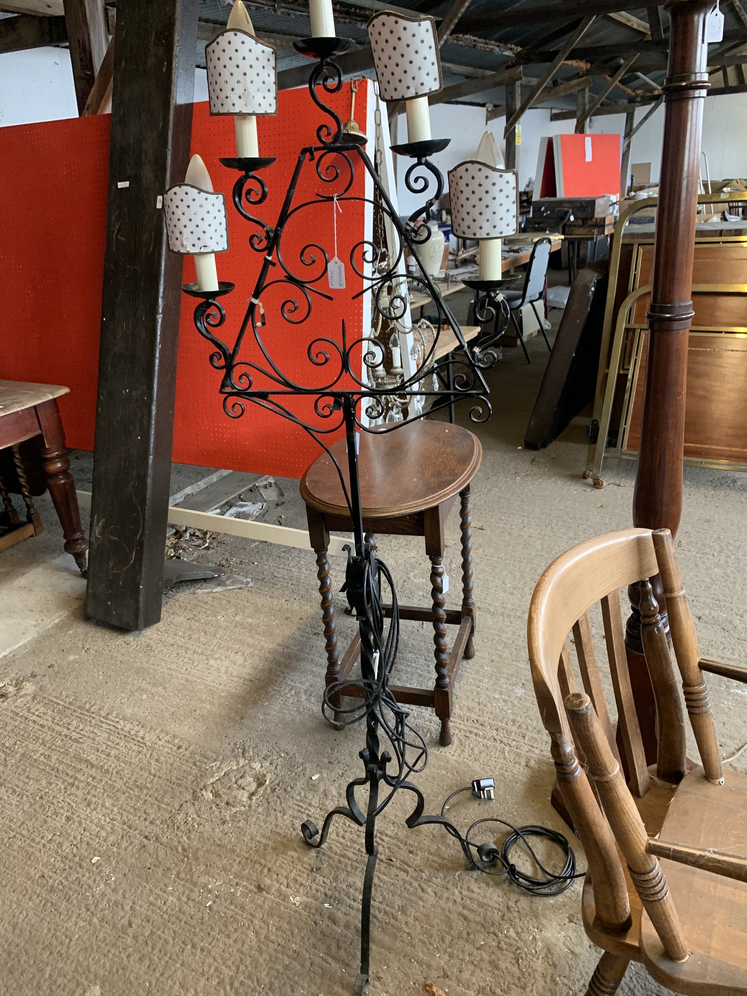 WROUGHT IRON LAMP STAND RAISED ON TRIPOD LEGS WITH FIVE CANDLEHOLDERS, HEIGHT APPROX 56CM - Image 5 of 5