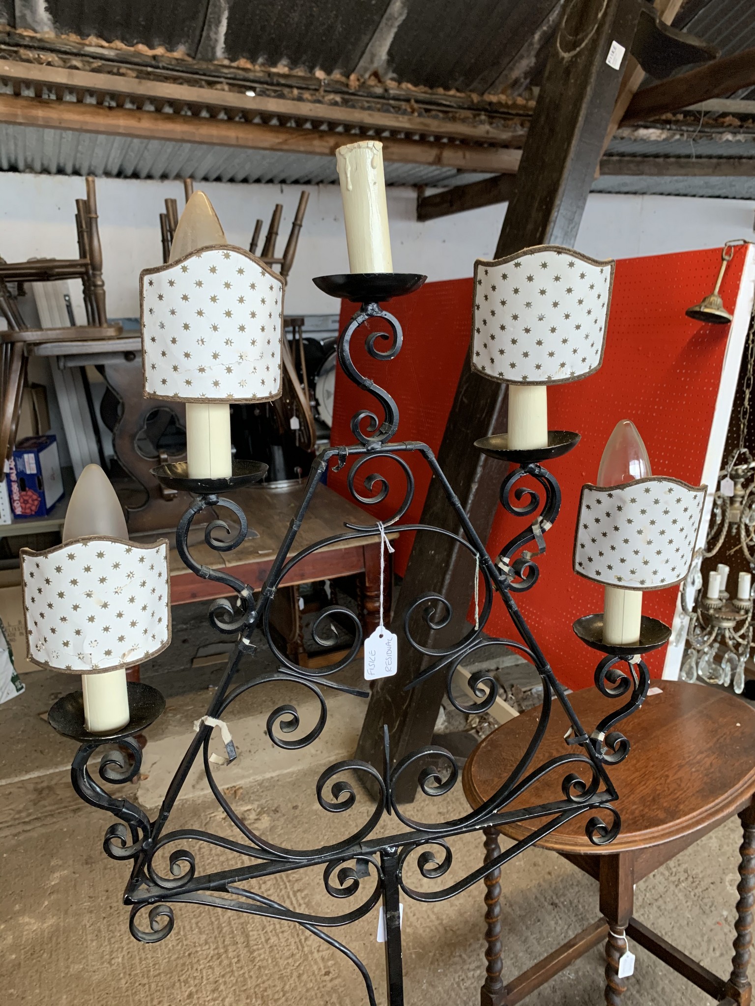 WROUGHT IRON LAMP STAND RAISED ON TRIPOD LEGS WITH FIVE CANDLEHOLDERS, HEIGHT APPROX 56CM - Image 4 of 5