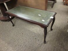 TEAK FRAMED GREEN LEATHER INSET RECTANGULAR COFFEE TABLE