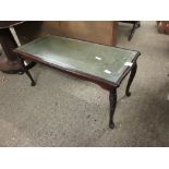 TEAK FRAMED GREEN LEATHER INSET RECTANGULAR COFFEE TABLE