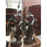 PAIR OF CARVED ORIENTAL FIGURES (ONE A/F), TOTAL HEIGHT LARGEST APPROX 55CM