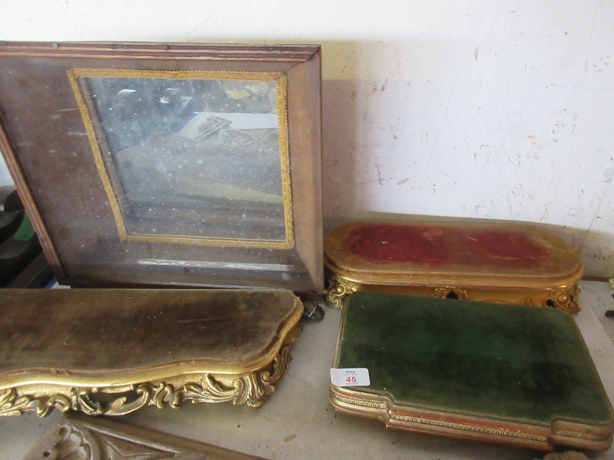 VARIOUS CARVED GILT DISPLAY BASES TOGETHER WITH VINTAGE GLAZED DISPLAY CABINET, LARGEST WIDTH APPROX - Image 2 of 3