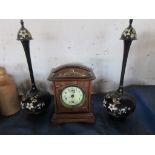 EARLY 20TH CENTURY WOODEN CASED MANTEL CLOCK WITH SUBSIDIARY DIALS AND GILT DECORATION TOGETHER WITH
