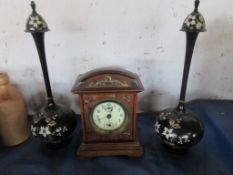 EARLY 20TH CENTURY WOODEN CASED MANTEL CLOCK WITH SUBSIDIARY DIALS AND GILT DECORATION TOGETHER WITH