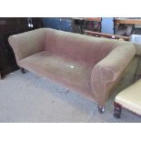 TWO-SEATER CHESTERFIELD TYPE SOFA, LENGTH APPROX 1.86M, RAISED ON TURNED MAHOGANY FEET