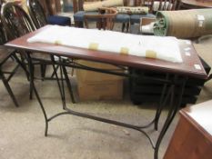 TEAK FRAMED GLASS TOP SIDE TABLE WITH METAL BASE