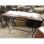 TEAK FRAMED GLASS TOP SIDE TABLE WITH METAL BASE