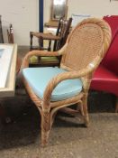 WICKER ARMCHAIR WITH TURQUOISE UPHOLSTERED CUSHION