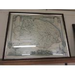 REPRODUCTION FRAMED MAP OF NORFOLK, DETAIL WITH ILLUSTRATIONS OF NORWICH CATHEDRAL, HOLKHAM HALL,