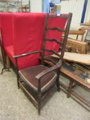 EARLY 20TH CENTURY UPHOLSTERED LADDERBACK CHAIR, HEIGHT APPROX 104CM