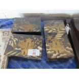THREE SMALL ORIENTAL WOODEN TRINKET BOXES, EACH WITH PAINTED DECORATION ON A JAPANNED GROUND,