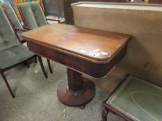 VICTORIAN MAHOGANY FOLD-OVER TEA TABLE WITH HEXAGONAL COLUMN ON A CIRCULAR BASE RAISED ON BUN FEET