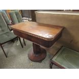 VICTORIAN MAHOGANY FOLD-OVER TEA TABLE WITH HEXAGONAL COLUMN ON A CIRCULAR BASE RAISED ON BUN FEET