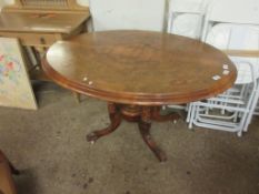 19TH CENTURY WALNUT OVAL CIRCULAR TILT TOP TABLE WITH INLAID DETAIL ON A QUATREFOIL BASE RAISED ON