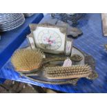 ORNATE GILT PIERCED WORK DRESSING TABLE SET COMPLETE WITH CLOCK, AND A LATER CLOTHES BRUSH