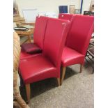 SET OF FOUR RED LEATHERETTE L-SHAPED DINING CHAIRS WITH BEECHWOOD LEGS
