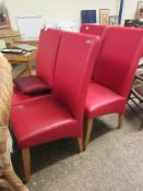 SET OF FOUR RED LEATHERETTE L-SHAPED DINING CHAIRS WITH BEECHWOOD LEGS