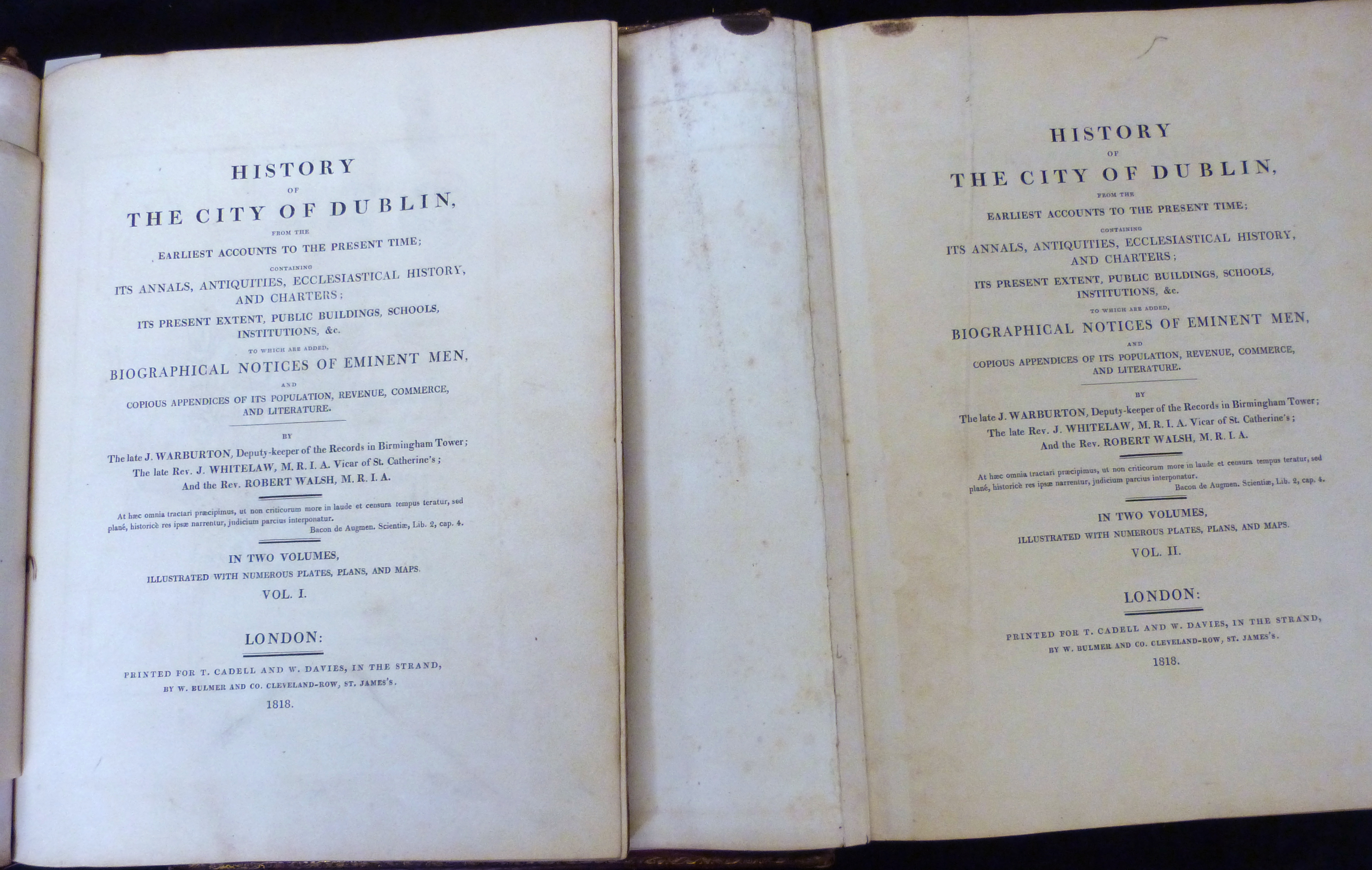 JOHN WARBURTON, JAMES WHITELAW & ROBERT WALSH: HISTORY OF THE CITY OF DUBLIN..., London for T Cadell