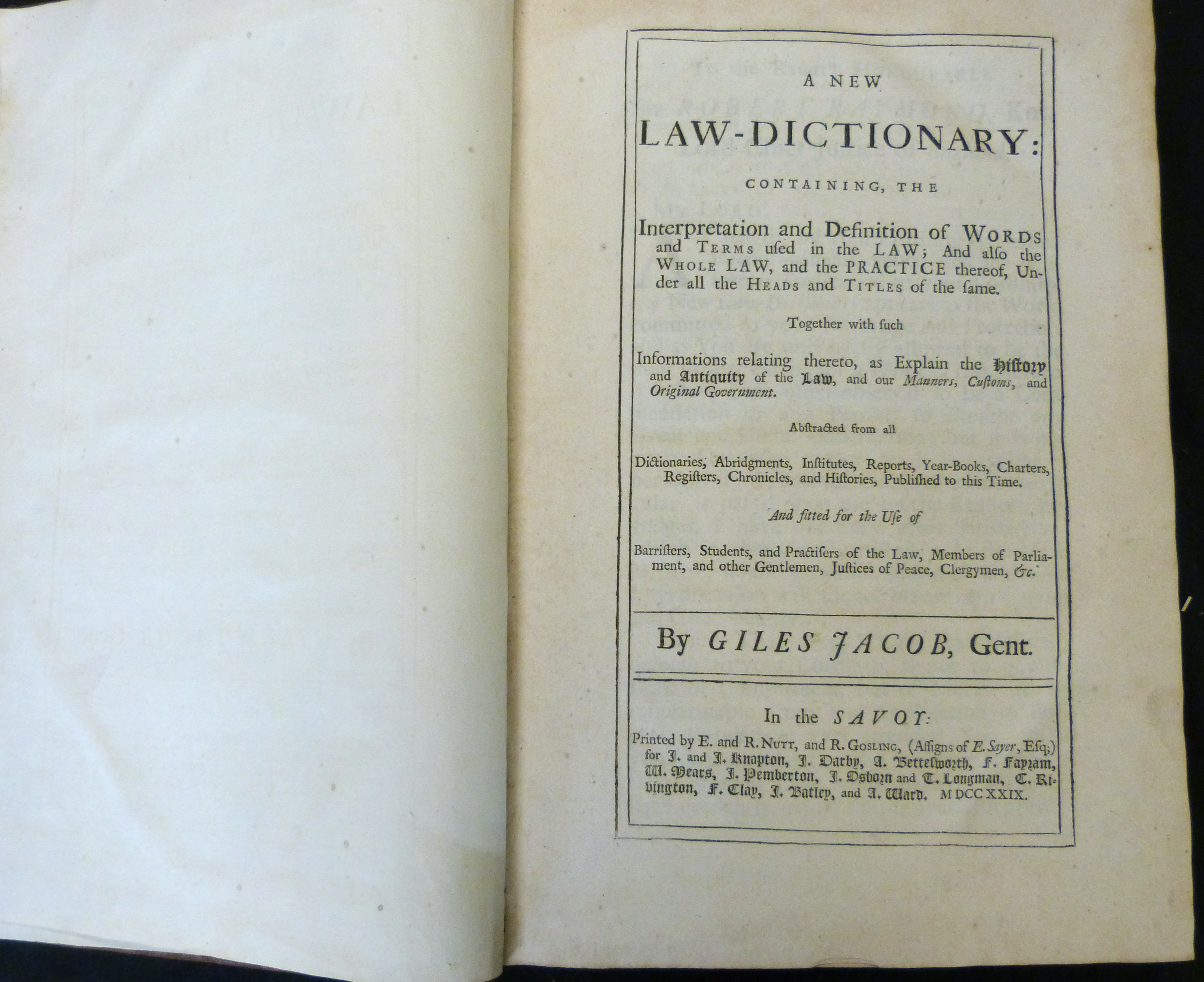 GILES JACOB: A NEW LAW-DICTIONARY..., The Savoy printed by E & R Nutt and R Gosling, 1729, 1st