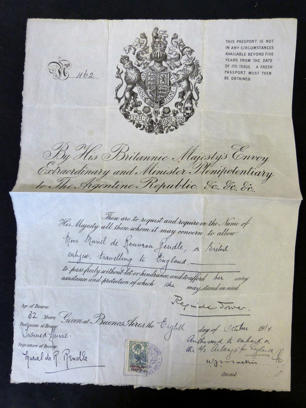 *An engraved passport issued by The British Consulate Buenos Aires issued to Miss Muriel de Rouvron