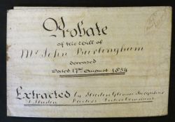 *Vellum document, Probate of the Will of Mr John Burlingham, an upholsterer of Sheerness, Kent