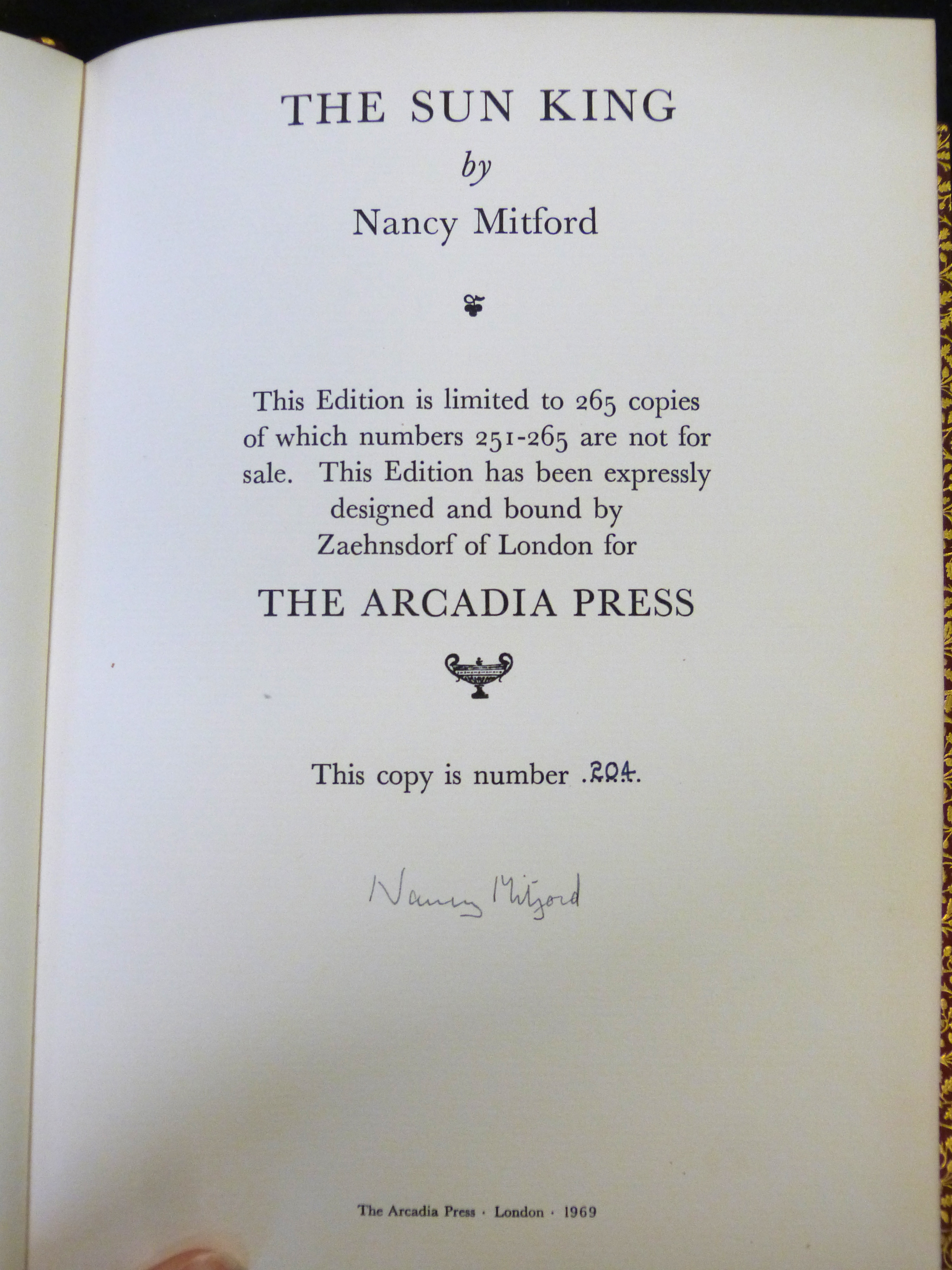 NANCY MITFORD: THE SUN KING, London, The Arcadia Press, 1969, (265) (250), numbered and signed, 4to, - Image 3 of 4