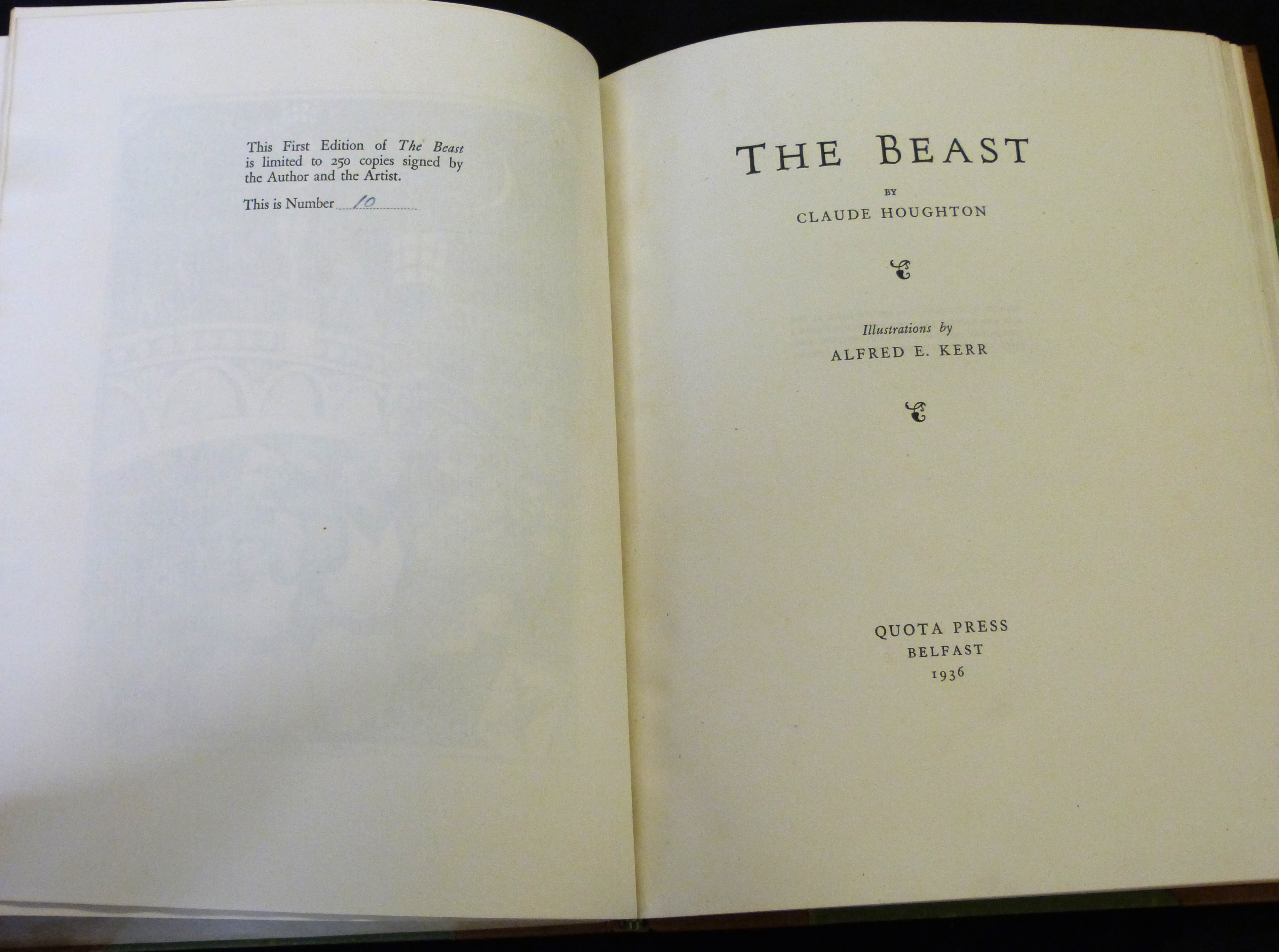 CLAUDE HOUGHTON: THE BEAST, ill Alfred E Kerr, Belfast, Quota Press, 1936 (250), 1st edition,