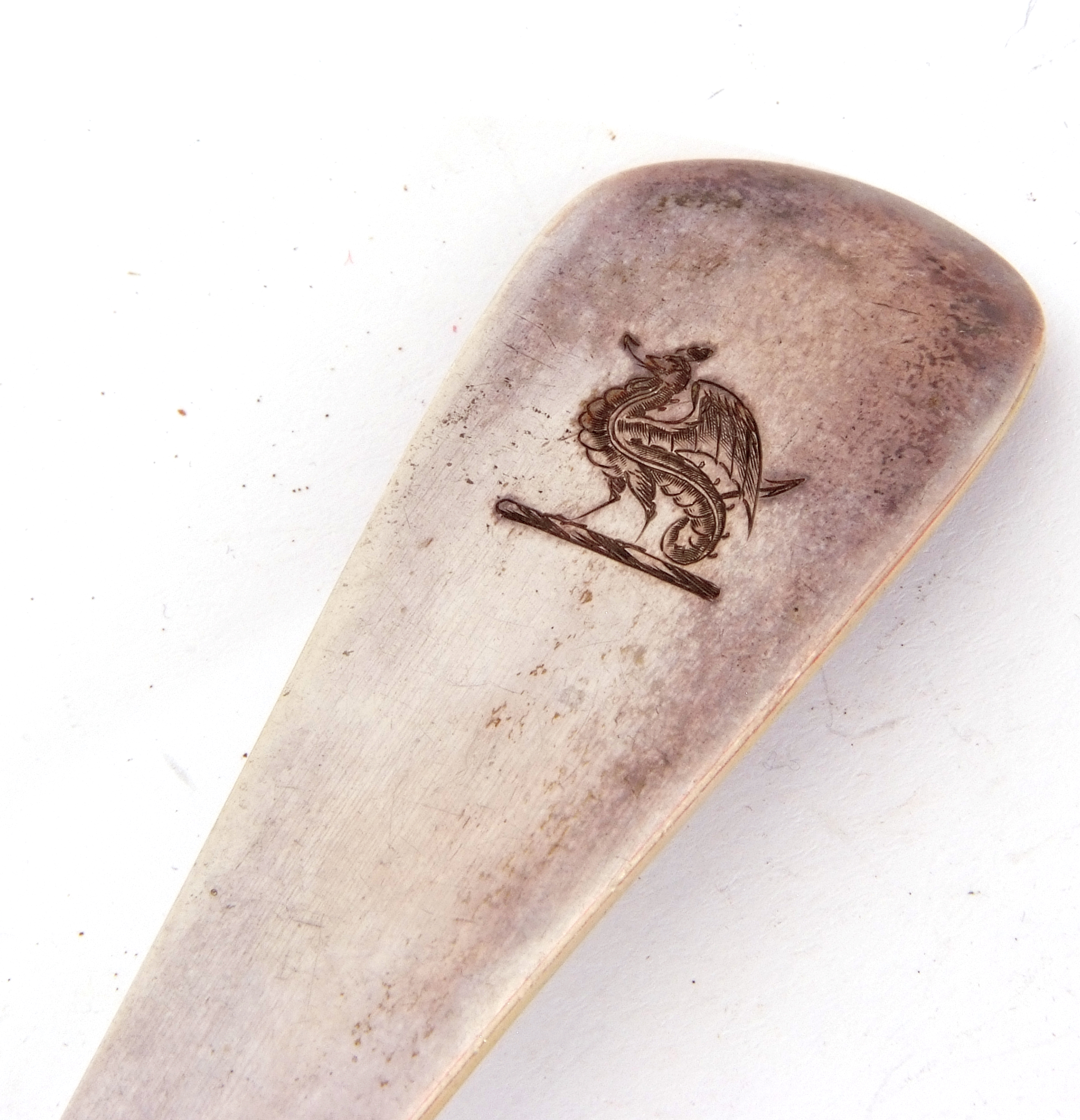 Late Victorian serving spoon in Old English pattern, the handle with armorial engraved griffon, - Image 2 of 4