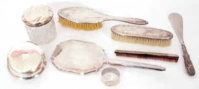 Mixed Lot: various dressing table pieces to include a silver backed hand mirror, hair brush and