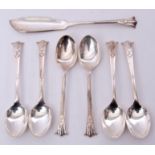 Set of six late Victorian silver plated tea spoons in Onslow pattern and bearing a crest, together