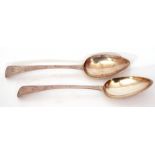 Pair of George III table spoons, in Old English pattern, bright cut decorated with a monogram,