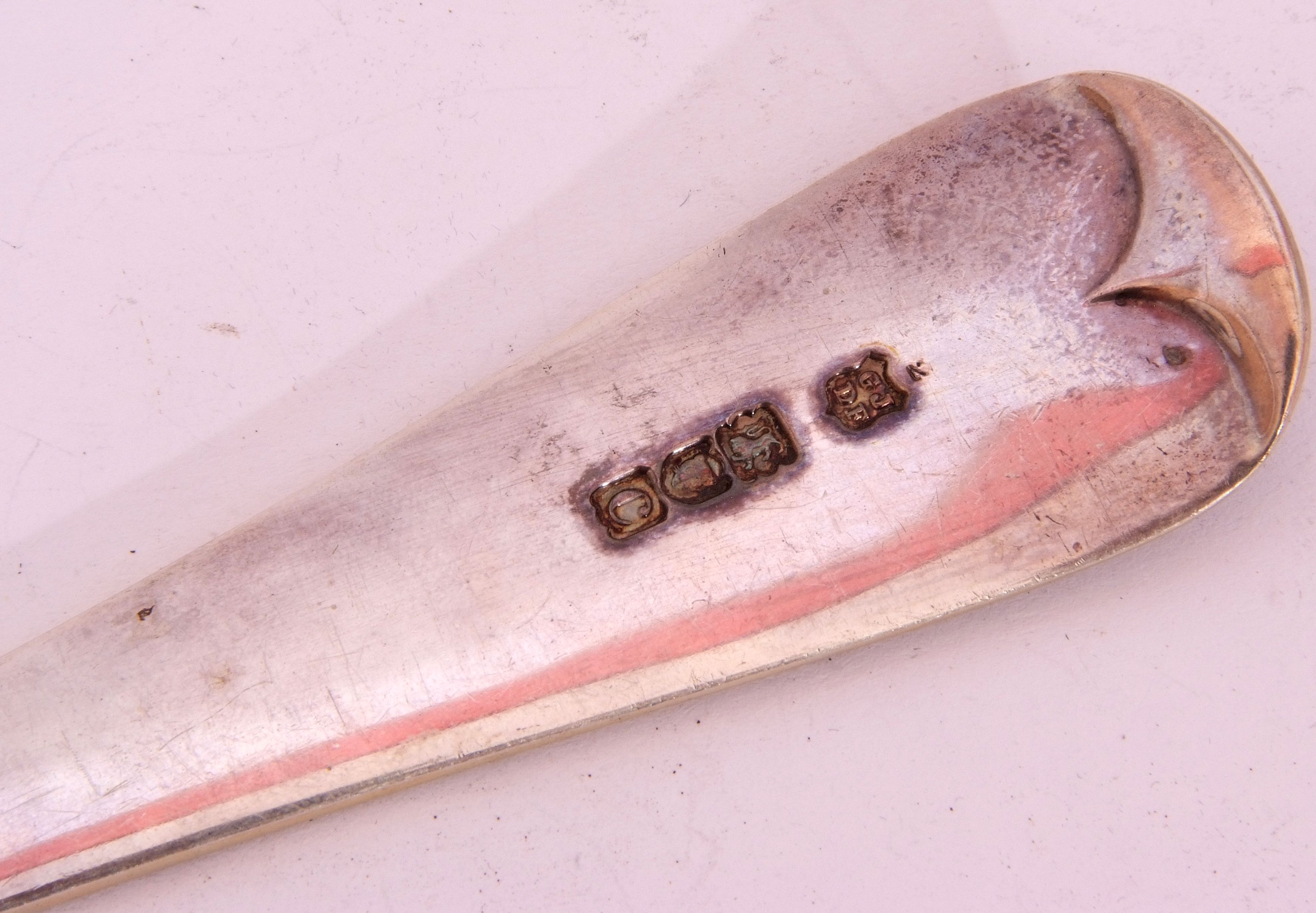 Late Victorian serving spoon in Old English pattern, the handle with armorial engraved griffon, - Image 3 of 4