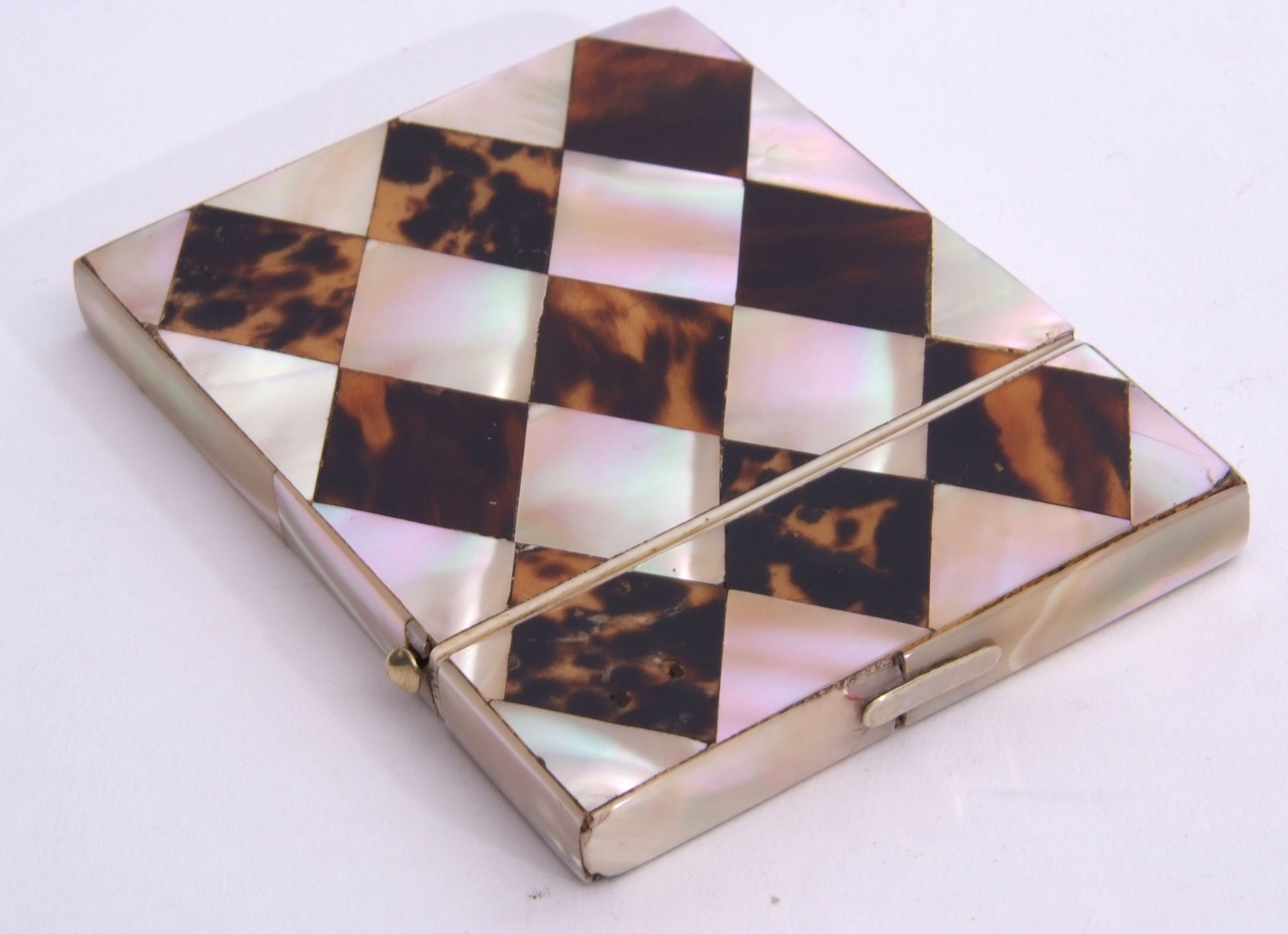 19th century tortoiseshell and mother of pearl card case with diamond geometric design to front - Image 3 of 4