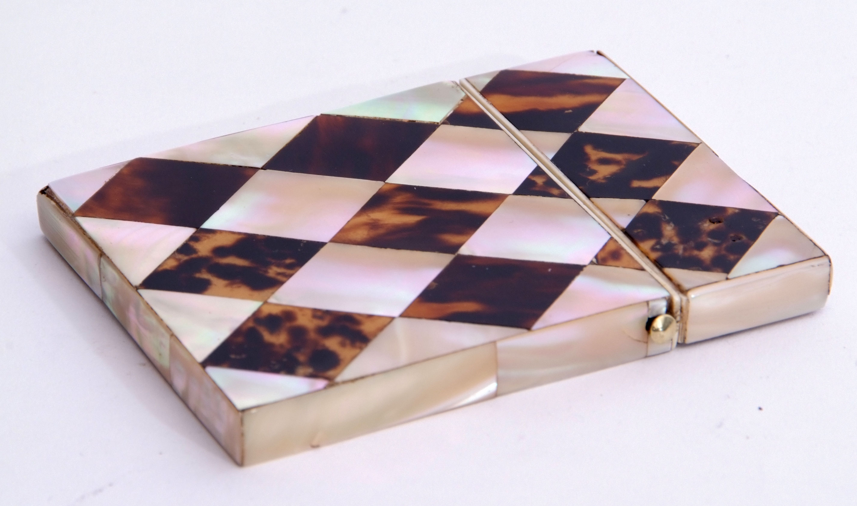 19th century tortoiseshell and mother of pearl card case with diamond geometric design to front - Image 2 of 4