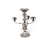 Large early Victorian silver plated centrepiece of candelabrum form, the circular base and