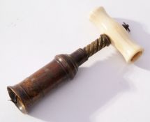 19th century Thomason pattern brass corkscrew with turned bone handle (lacking brush), maker's label