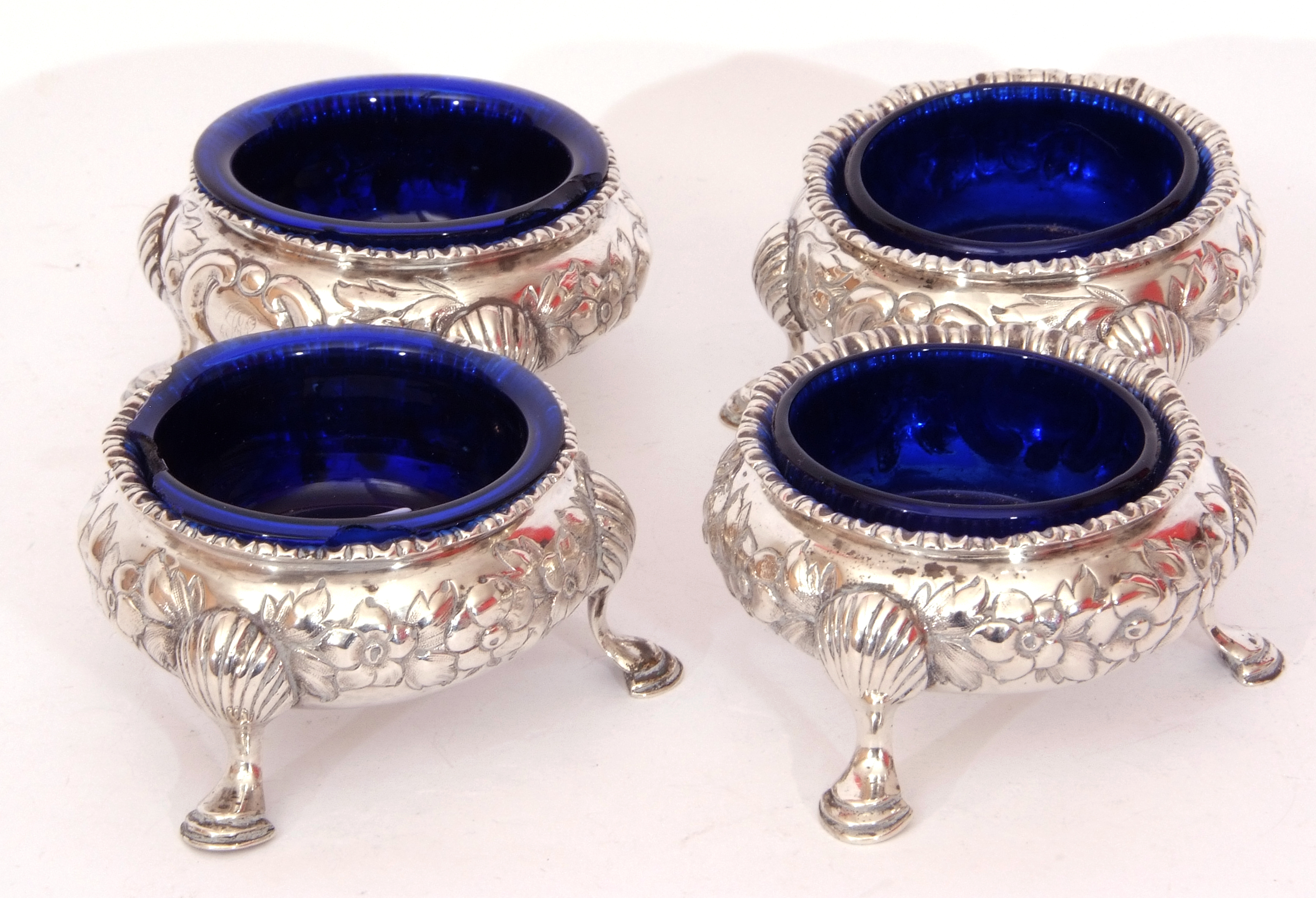 Victorian set of four cauldron salts each with flared rims, chased and embossed with floral - Image 3 of 4