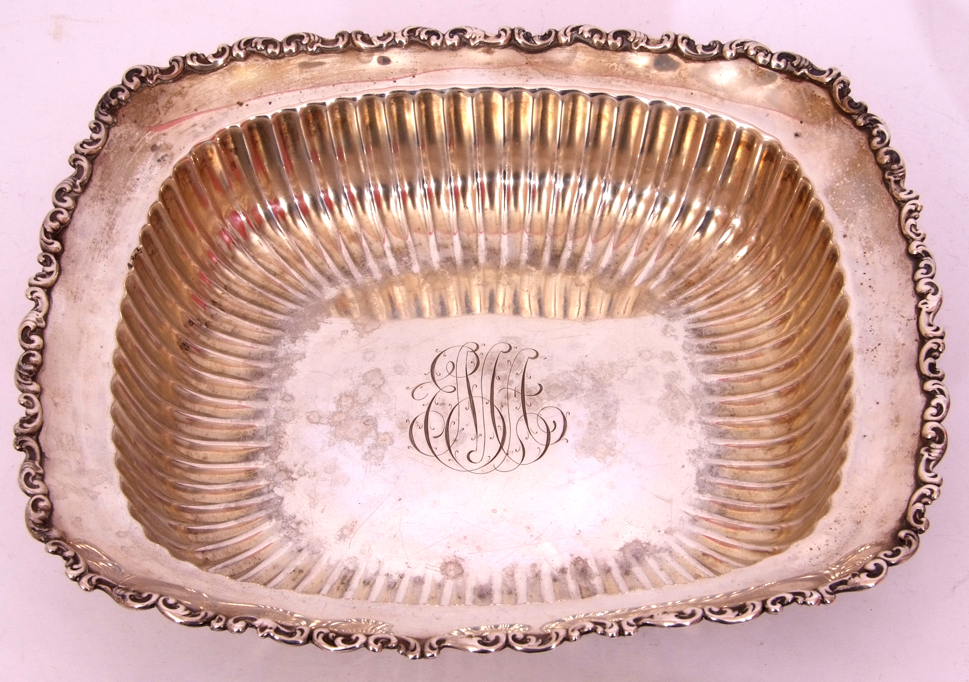 Late 19th century white metal shallow table dish of rectangular form, with scroll rim and ribbed - Image 2 of 2