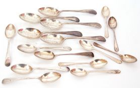 Mixed Lot: five George V silver dessert spoons, Old English and beaded pattern, the bowls each