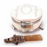 Mixed Lot: George V child's rattle/whistle, a baton of pale coloured agate with a silver mount,