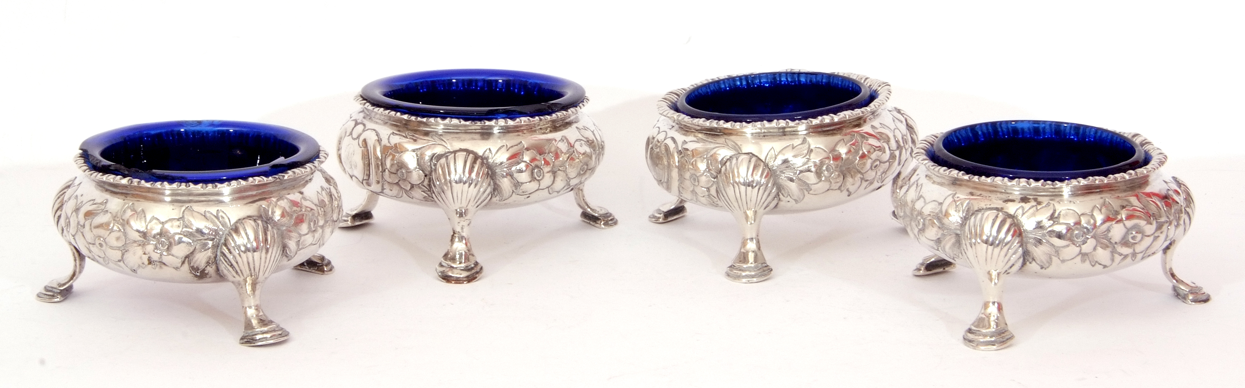 Victorian set of four cauldron salts each with flared rims, chased and embossed with floral - Image 4 of 4