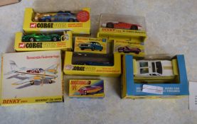 Boxed set of Corgi cars including Hillman Hunter, Ghia 500 Mangusta, Dinky aircraft, Corgi Toyota