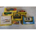 Boxed set of Corgi cars including Hillman Hunter, Ghia 500 Mangusta, Dinky aircraft, Corgi Toyota