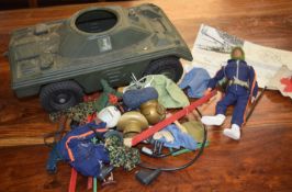 1970's Action man armored tank and trailer firing gun together with a figurine and accessories to