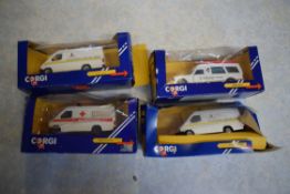 Group of four Corgi boxed models of ambulances, three Ford Transits and a van in St Barts Hospital