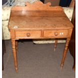Victorian stripped oak wash stand or side table, having shaped back, two drawers to frieze with