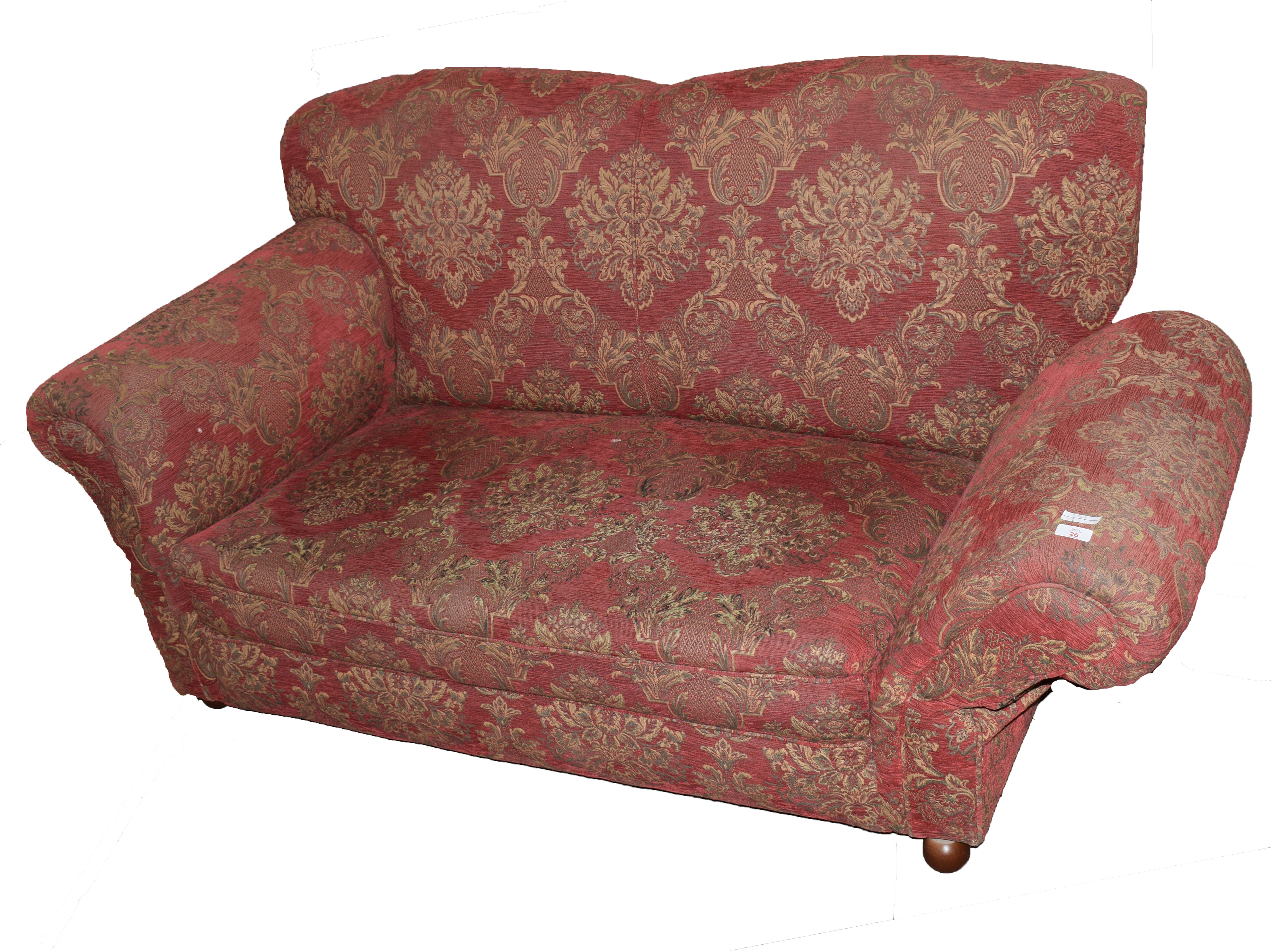 Small reproduction drop-end Chesterfield settee upholstered in red and gold floral material, width