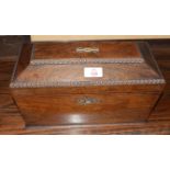 Group: Regency mother of pearl inlaid and beaded sarcophagus shaped tea caddy, the fitted interior