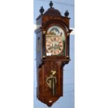 Late 20th century Dutch style burr walnut cased wall clock with elaborate chiming movement, moon
